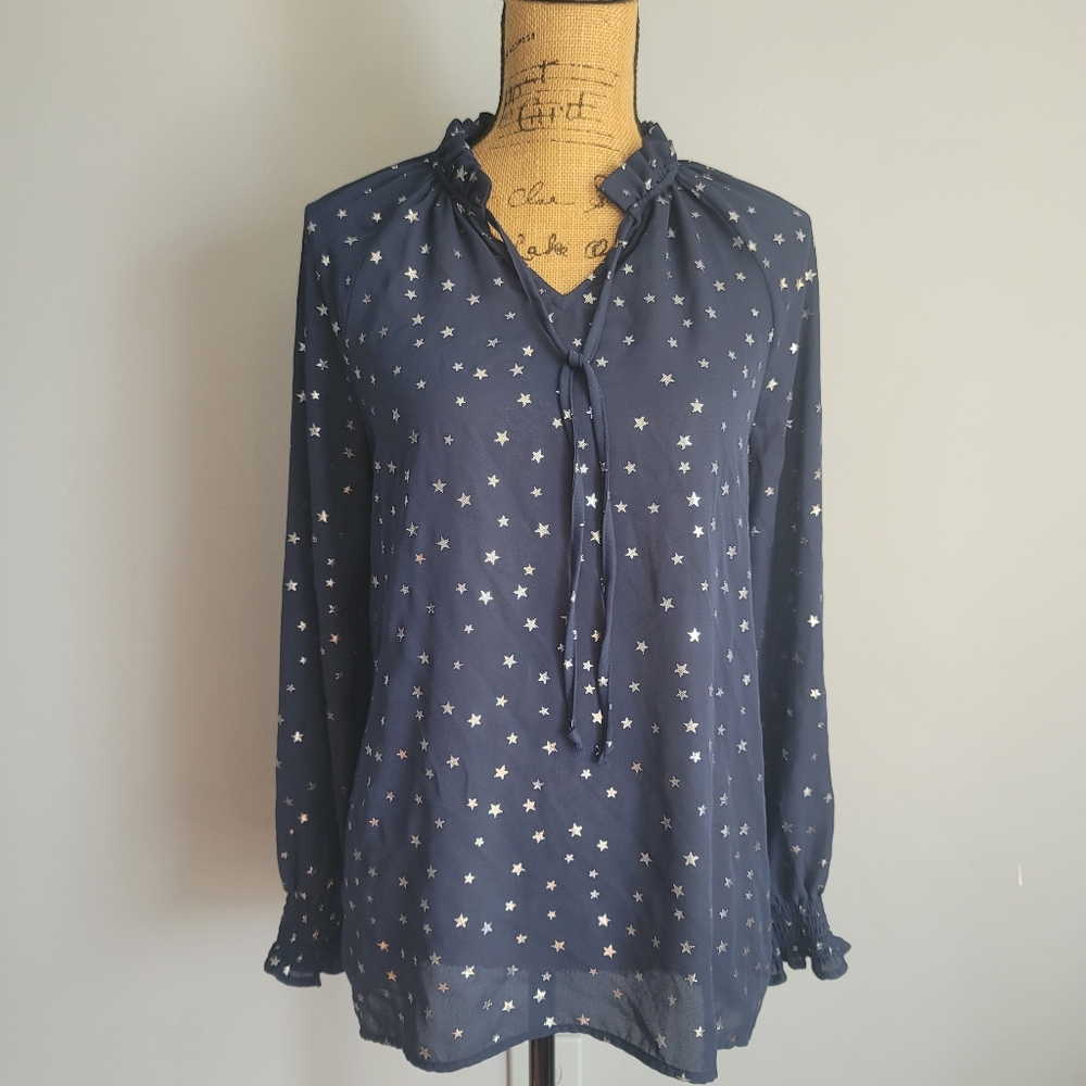 Time and Tru Navy Star Peasant Top